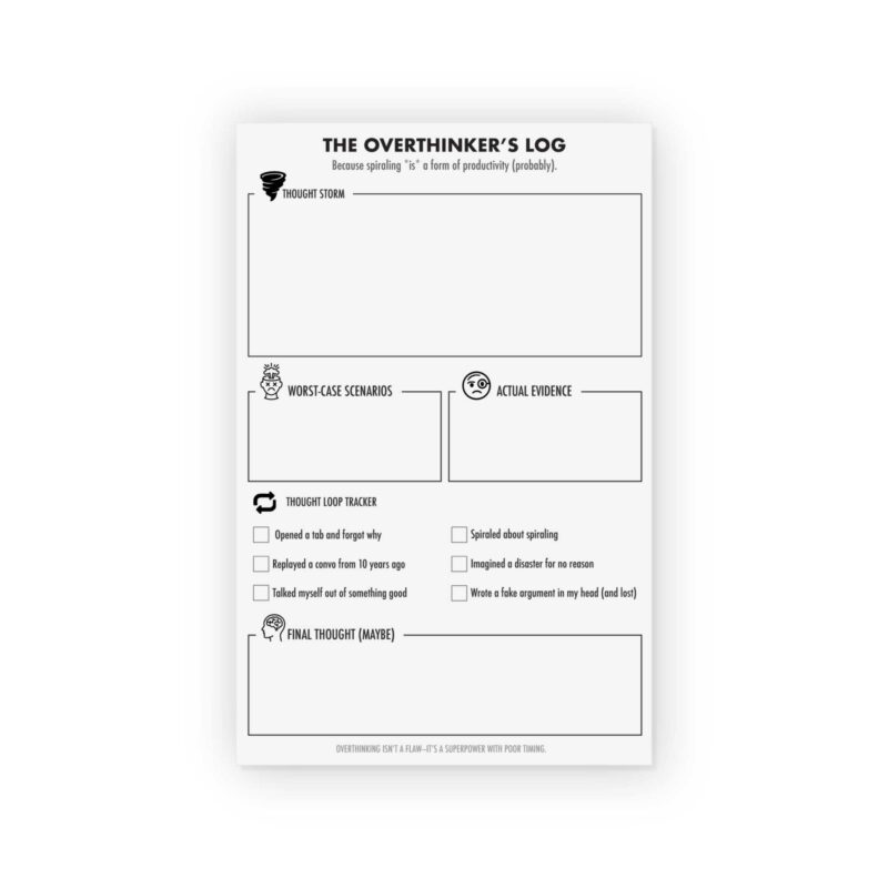 Overthinker's Log funny notepad with thought storm, worst-case scenarios, and thought loop tracker from CityGirl Planners