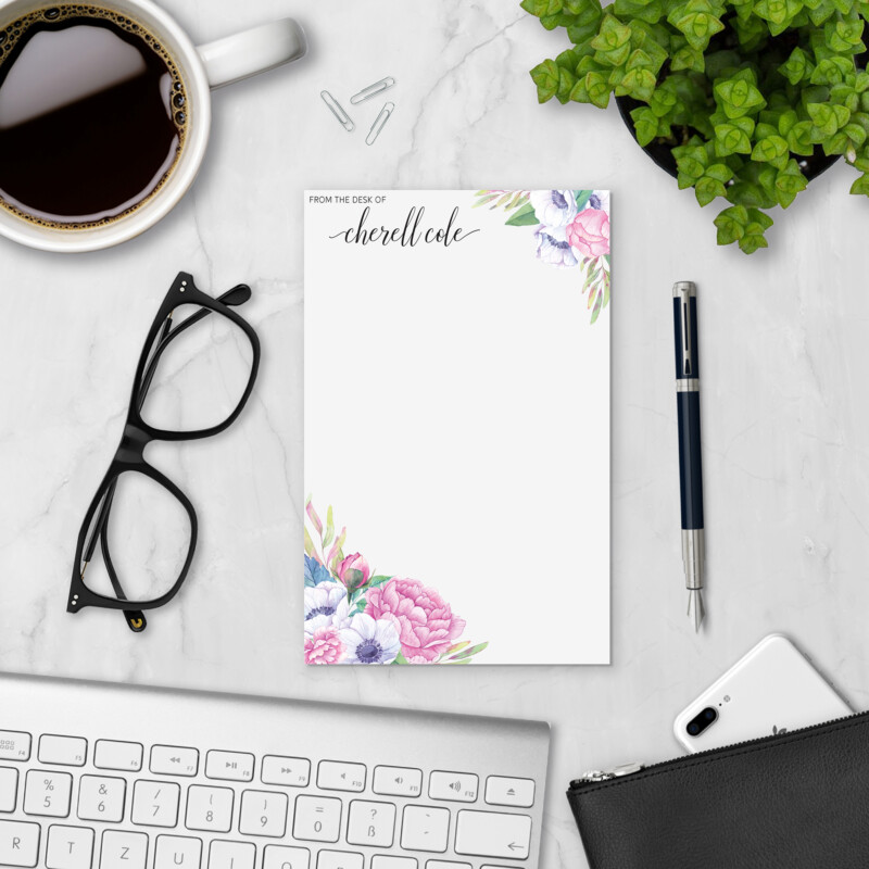 Peony Friends personalized notepad styled with coffee, glasses, and keyboard — personalized paper pad for lists and notes
