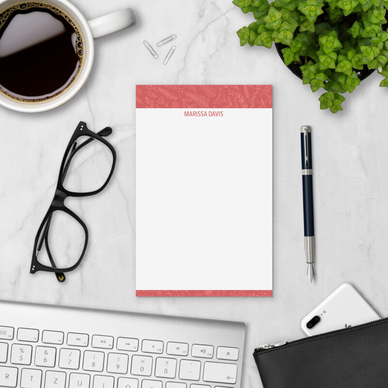 Red Ferns personalized notepad styled with coffee, glasses, and keyboard — personalized paper pad for lists and notes