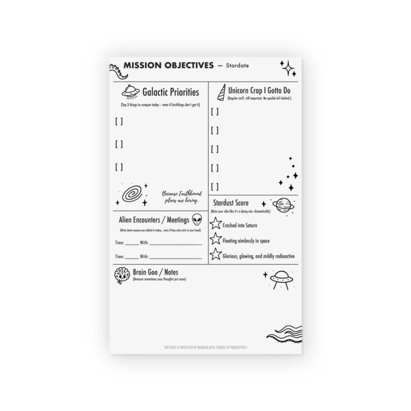 Unicorns from Uranus funny space-themed notepad with galactic priorities, stardust score, and brain goo notes from CityGirl Planners