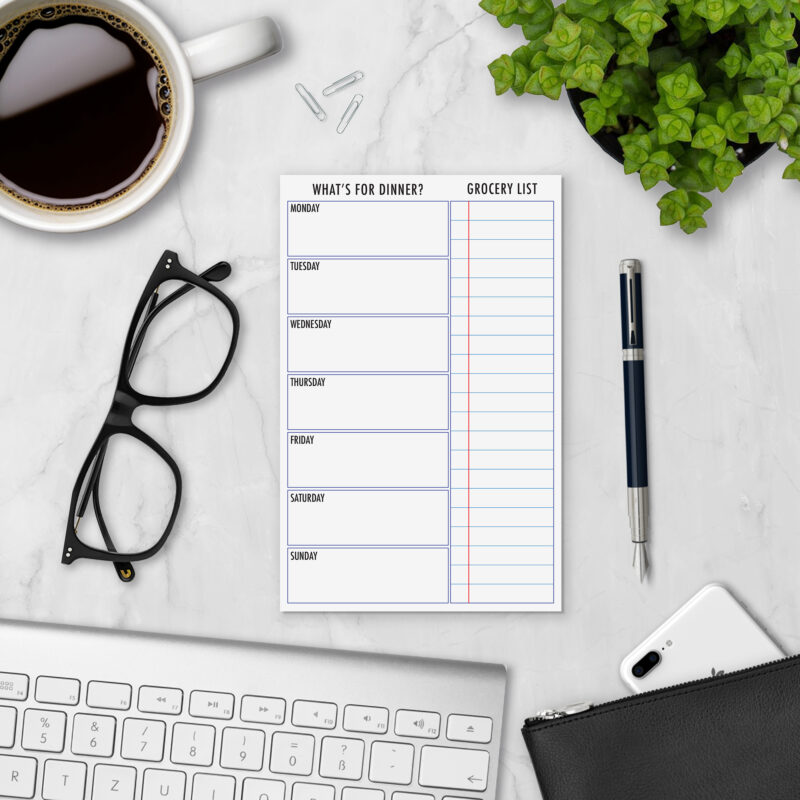What's For Dinner personalized notepad styled with coffee, glasses, and keyboard — custom paper pad for lists and notes