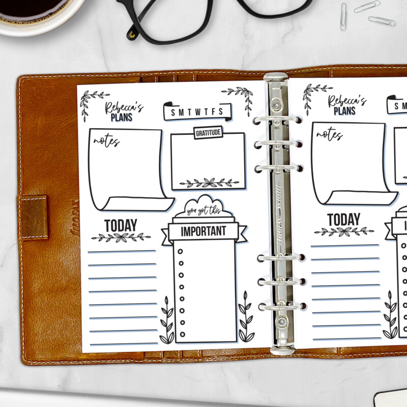Personalized planner insert with soft blue daily layout and space for priorities