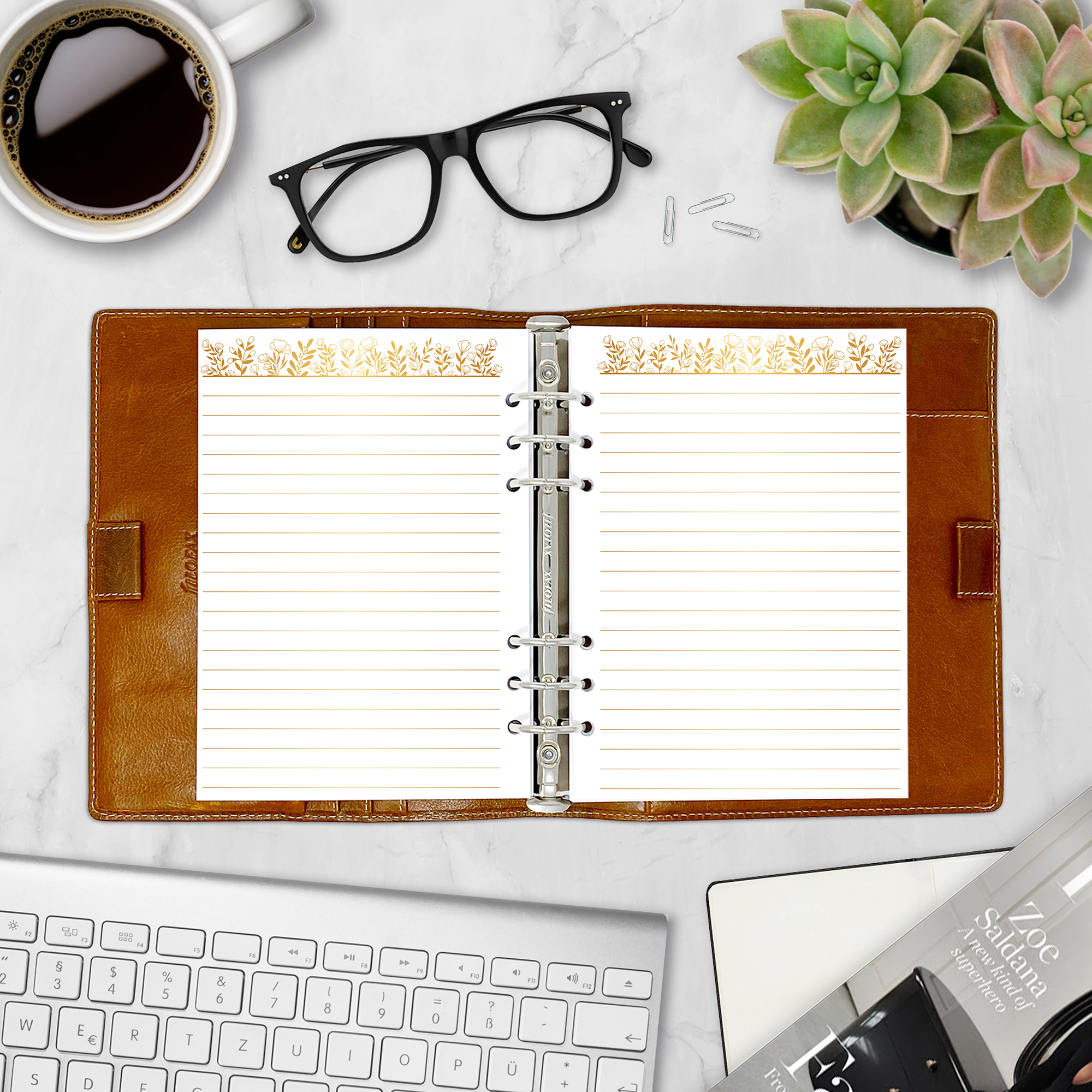 Floral planner insert with gold foil flower doodles and lined space