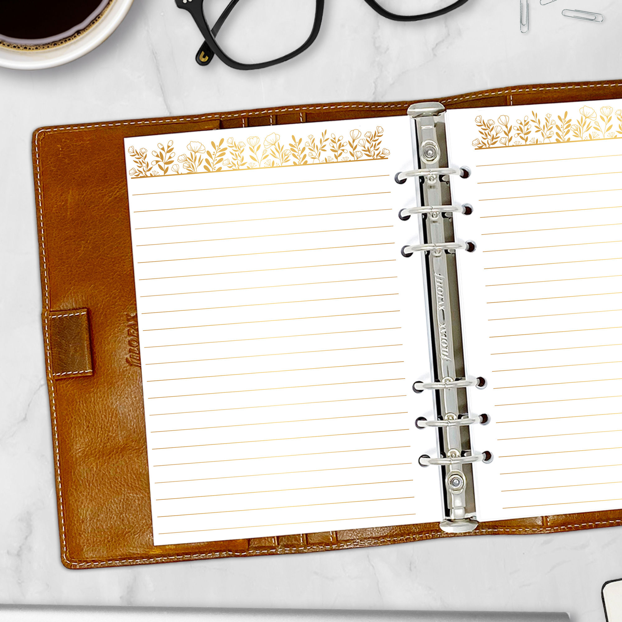 Floral planner insert with gold foil flower doodles and lined space