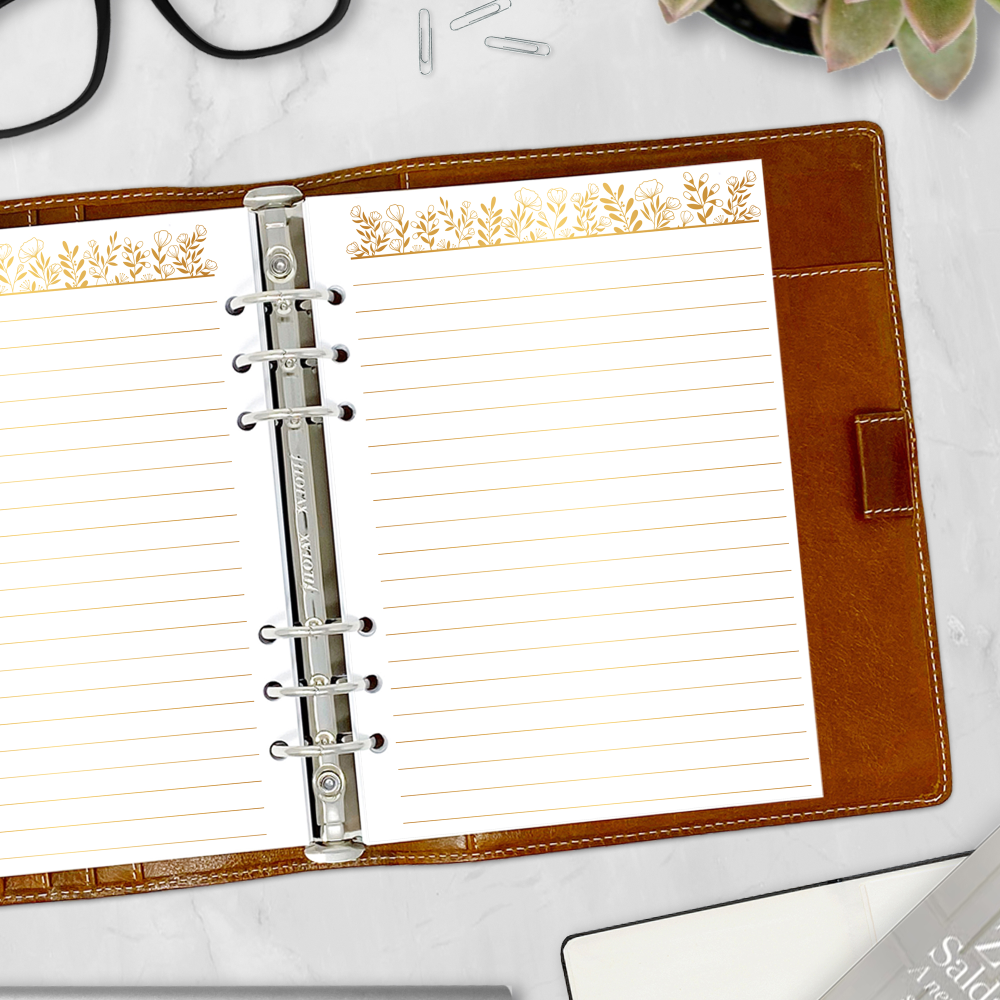 Floral planner insert with gold foil flower doodles and lined space