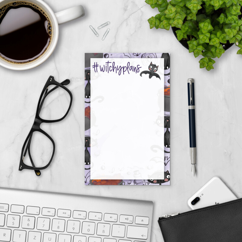 Witchy Plans Halloween notepad styled with coffee, glasses, and keyboard — Halloween gift paper pad