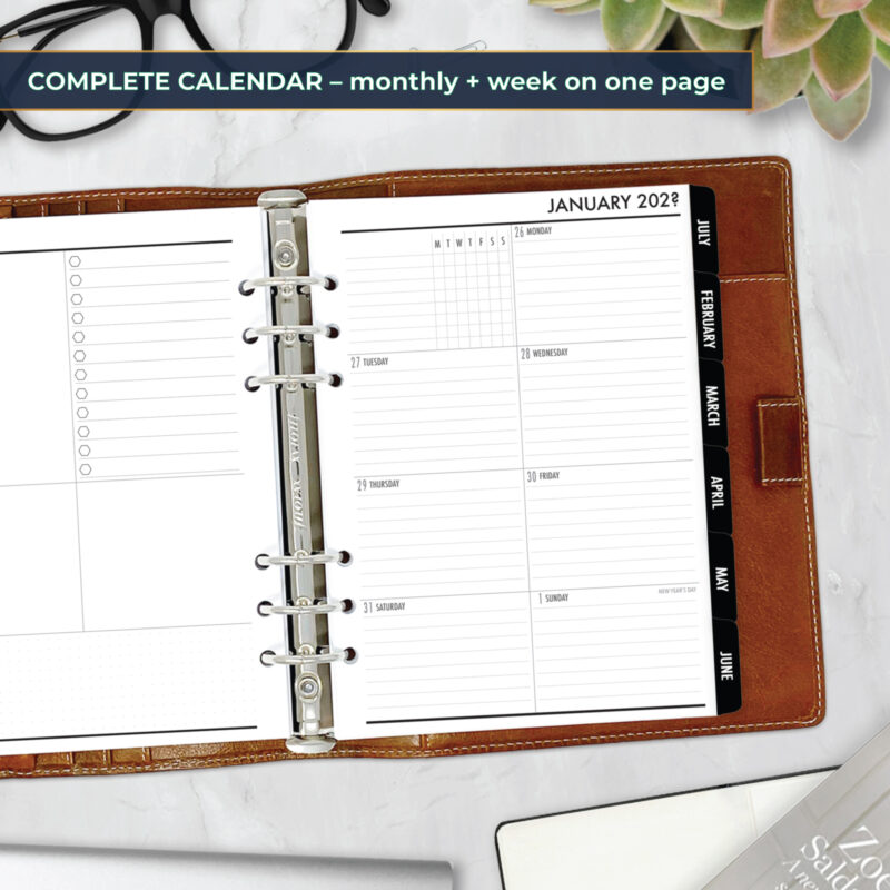 Complete Calendar with monthly and weekly tabbed planner insert with black tabs in A5 size in brown ring binder