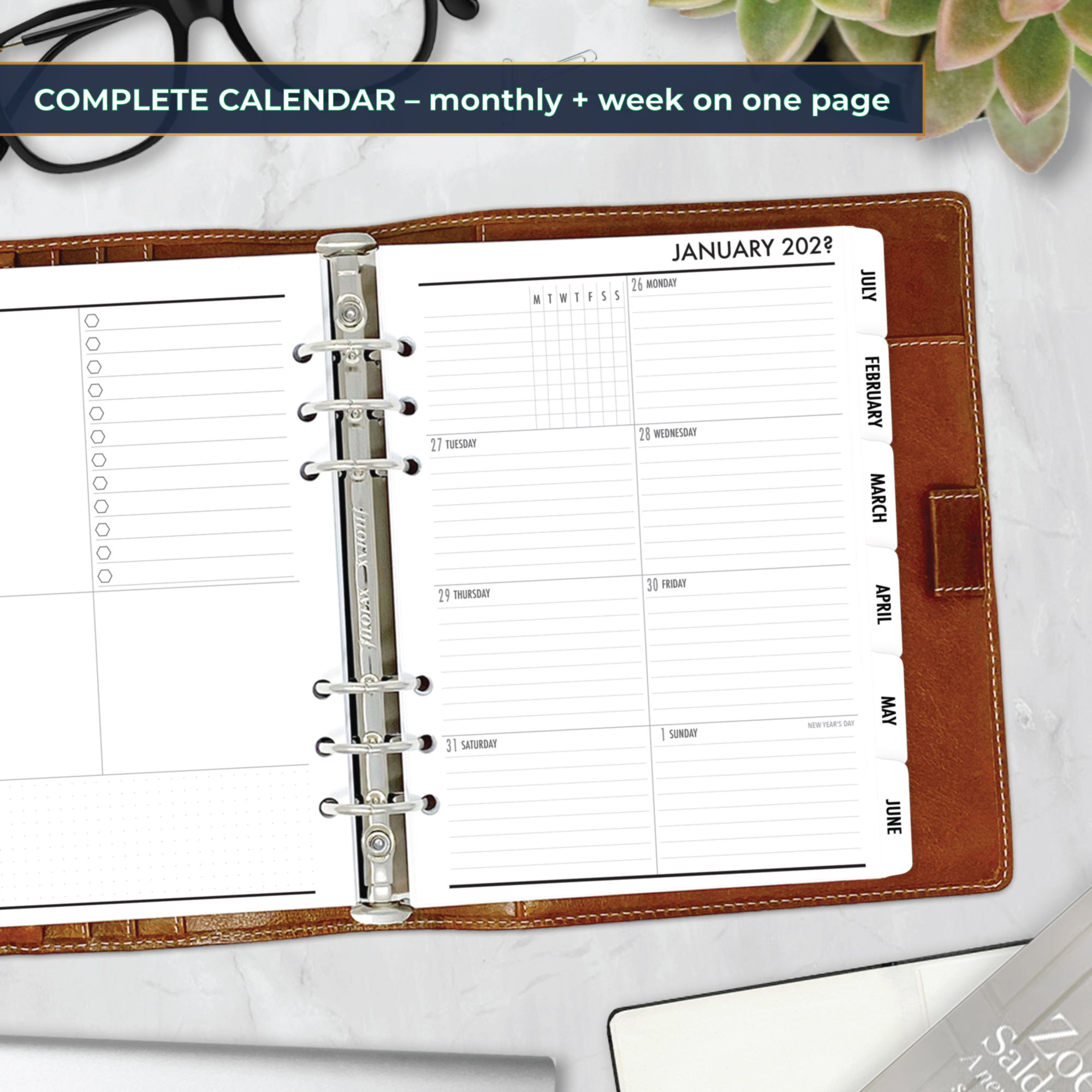 Complete Calendar with monthly and weekly tabbed planner insert with white tabs in A5 size in brown ring binder