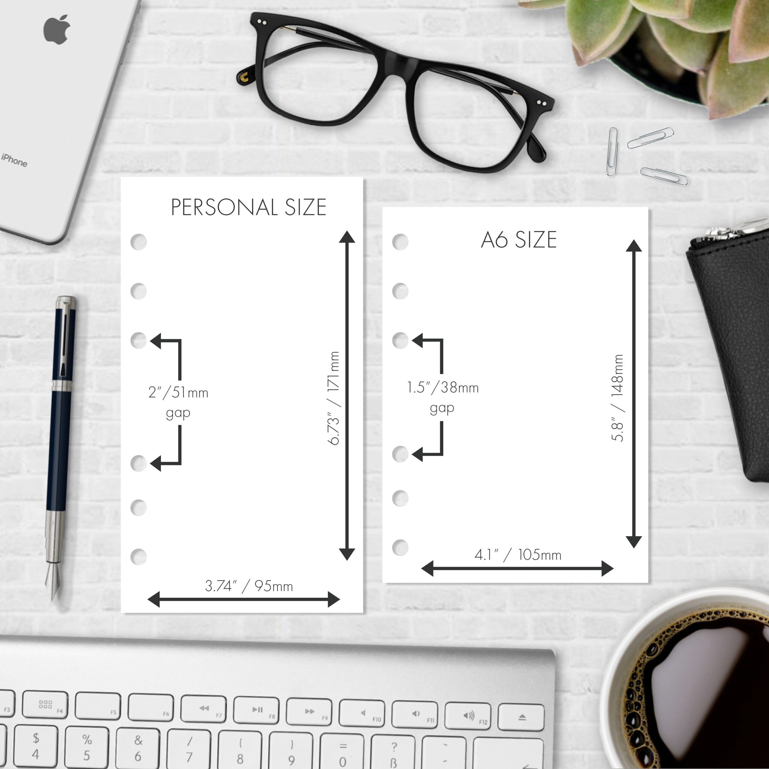 Comparison graphic showing True A6 vs Personal size measurements for planner inserts