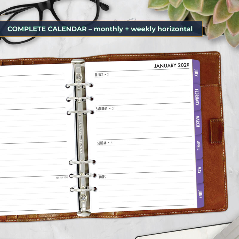 Complete Horizontal Calendar with monthly and weekly horizontal planner insert in Amethyst Twilight design in A5 size in brown ring binder