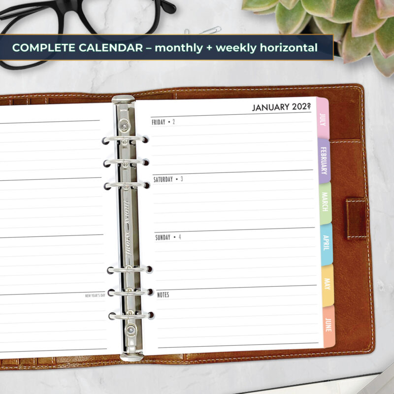 Complete Horizontal Calendar with monthly and weekly horizontal planner insert in Candy Rush design in A5 size in brown ring binder
