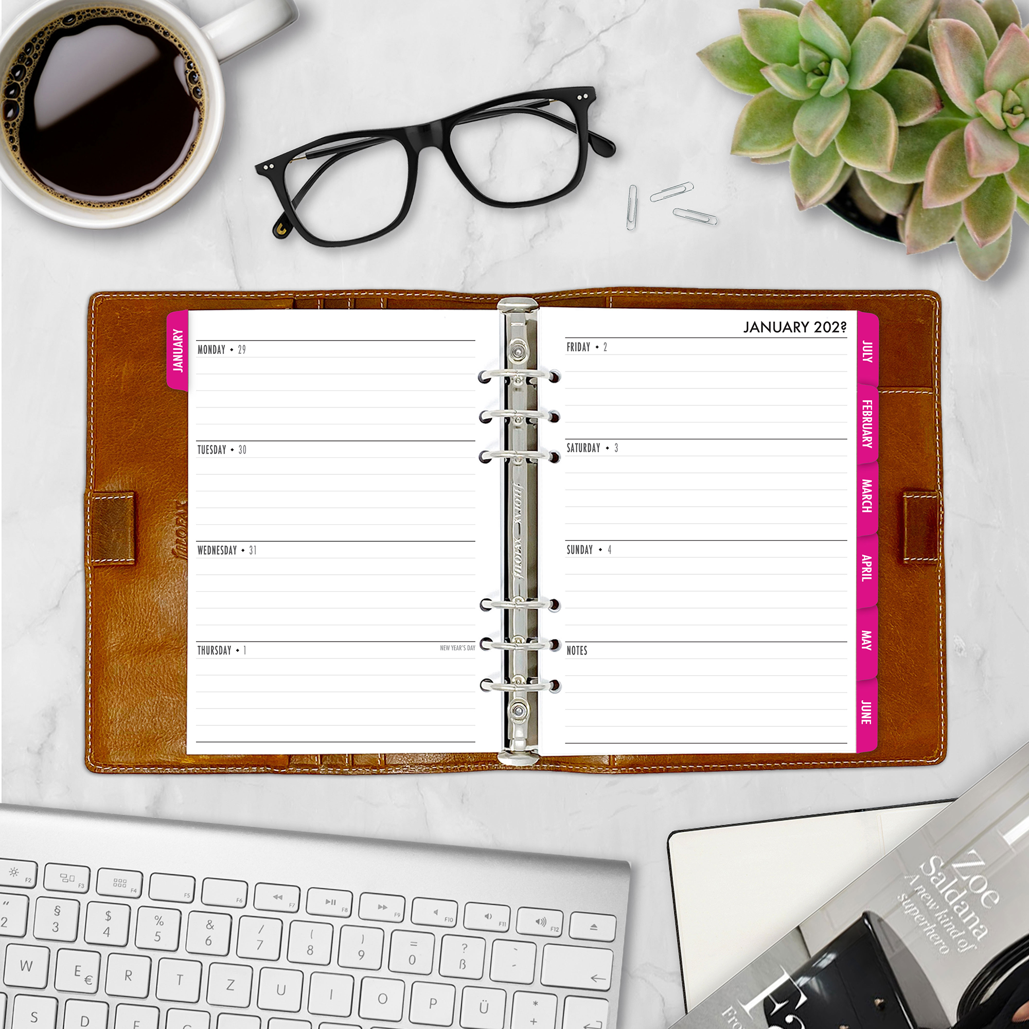Complete Horizontal Calendar with monthly and weekly horizontal planner insert in Fuchsia Flare design in A5 size in brown ring binder
