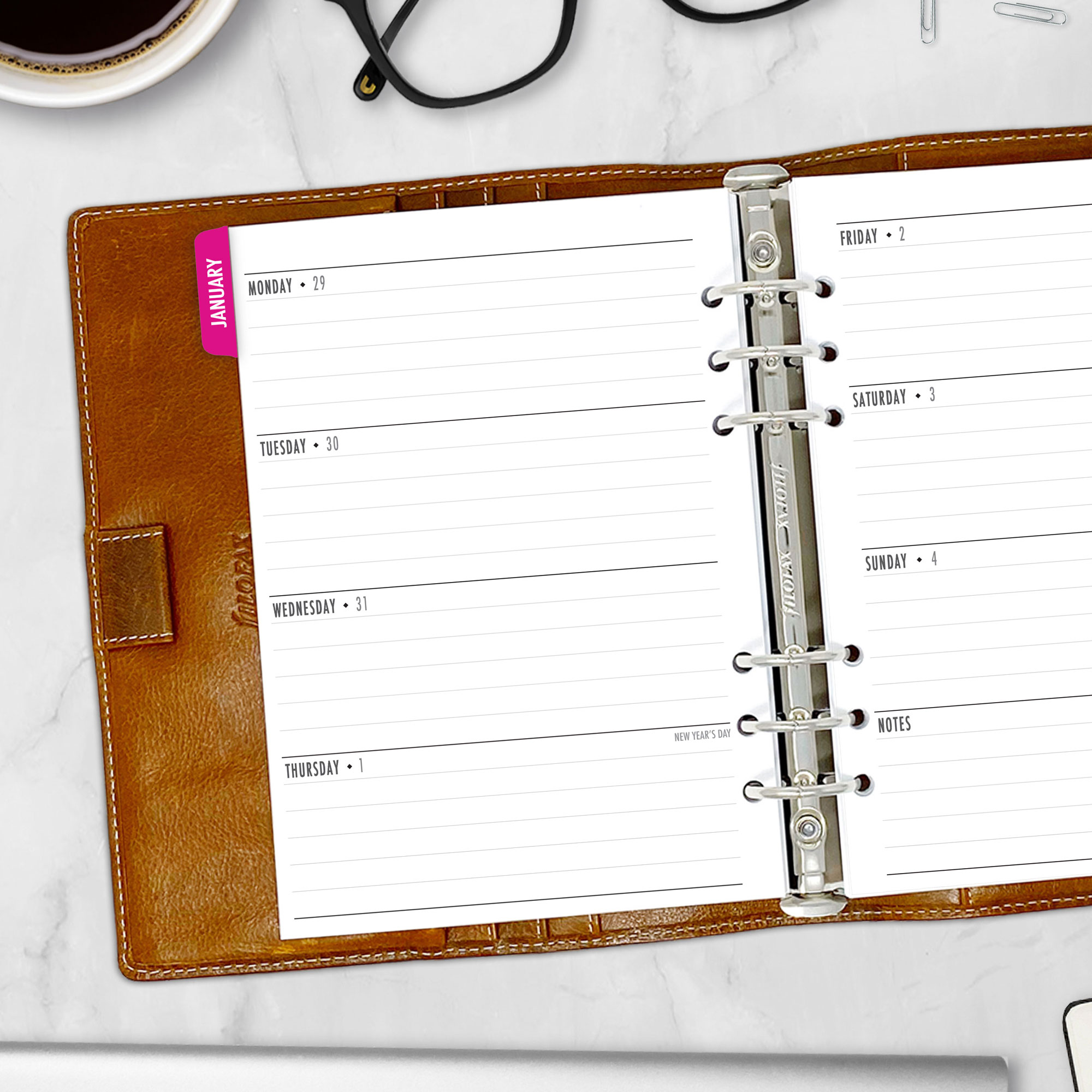 Complete Horizontal Calendar with monthly and weekly horizontal planner insert in Fuchsia Flare design in A5 size in brown ring binder