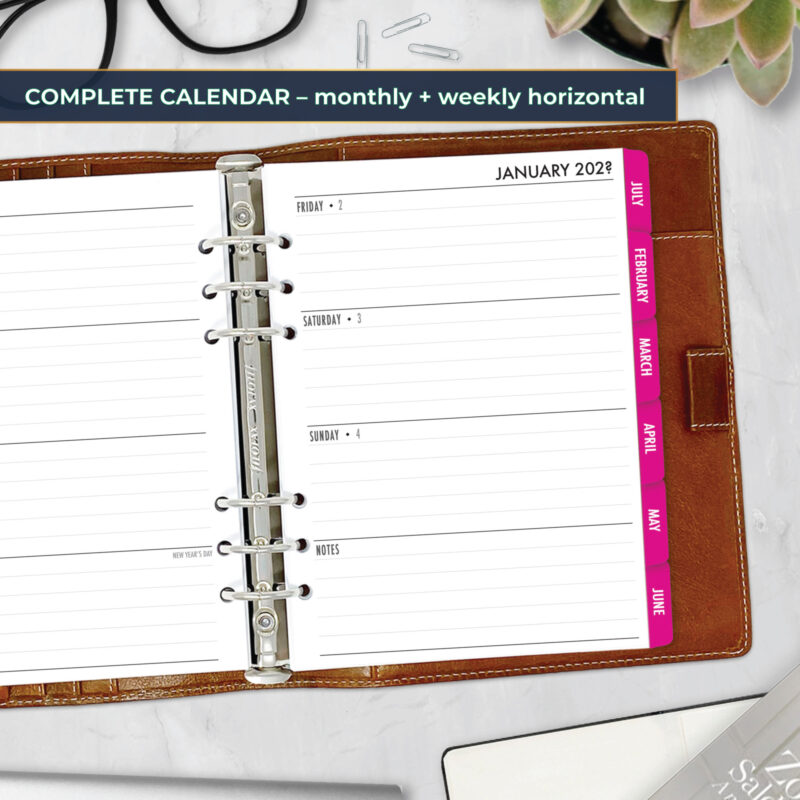 Complete Horizontal Calendar with monthly and weekly horizontal planner insert in Fuchsia Flare design in A5 size in brown ring binder