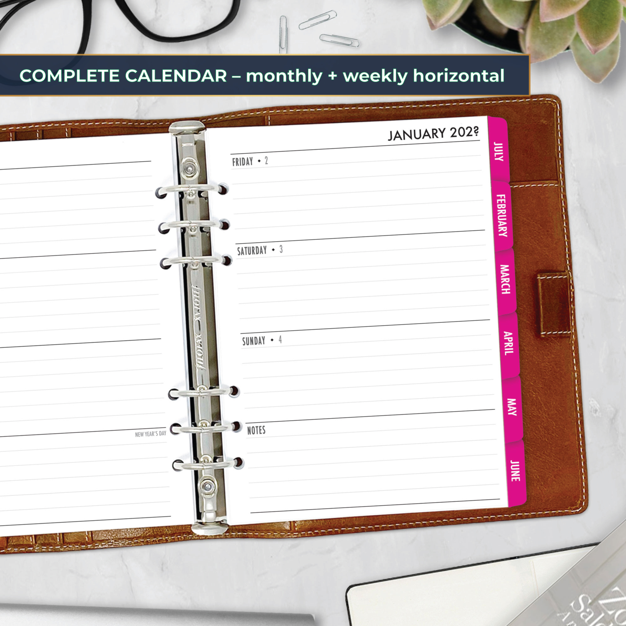 Complete Horizontal Calendar with monthly and weekly horizontal planner insert in Fuchsia Flare design in A5 size in brown ring binder