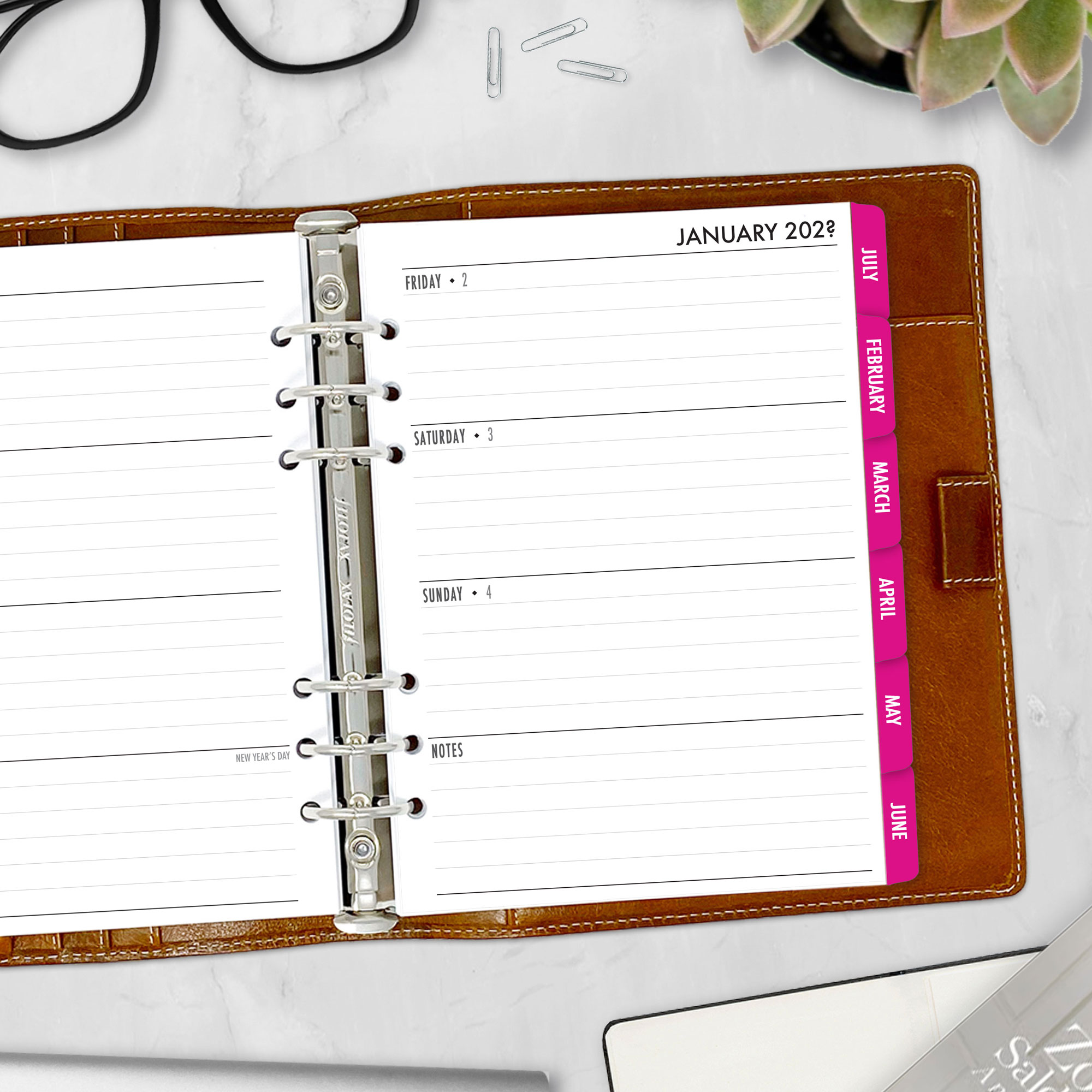 Complete Horizontal Calendar with monthly and weekly horizontal planner insert in Fuchsia Flare design in A5 size in brown ring binder