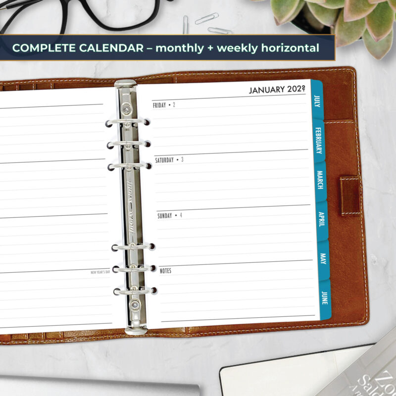 Complete Horizontal Calendar with monthly and weekly horizontal planner insert in Midnight Sea design in A5 size in brown ring binder