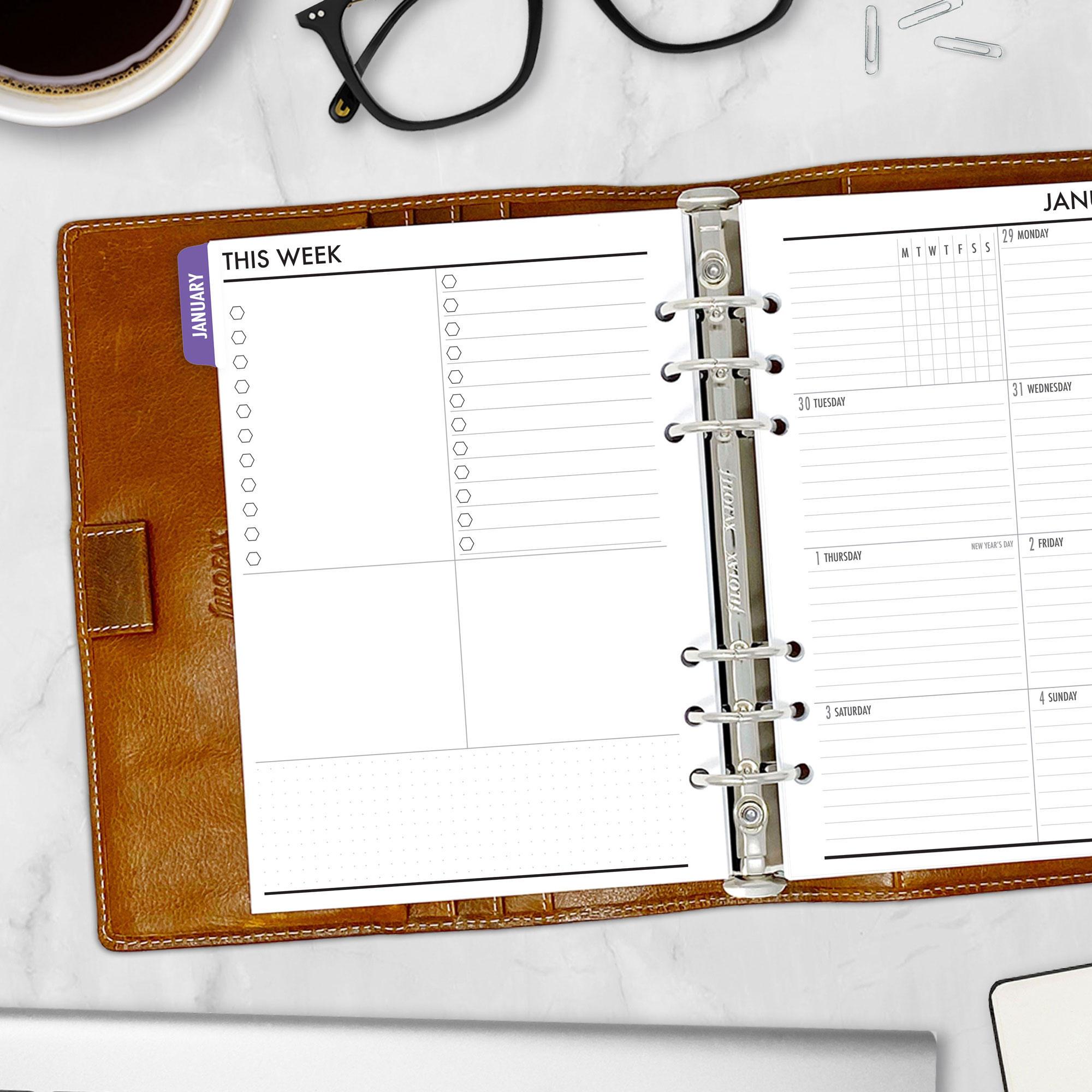 Complete Calendar with monthly and weekly tabbed planner insert in Amethyst Twilight design in A5 size in brown ring binder