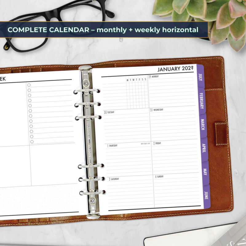 Complete Calendar with monthly and weekly tabbed planner insert in Amethyst Twilight design in A5 size in brown ring binder