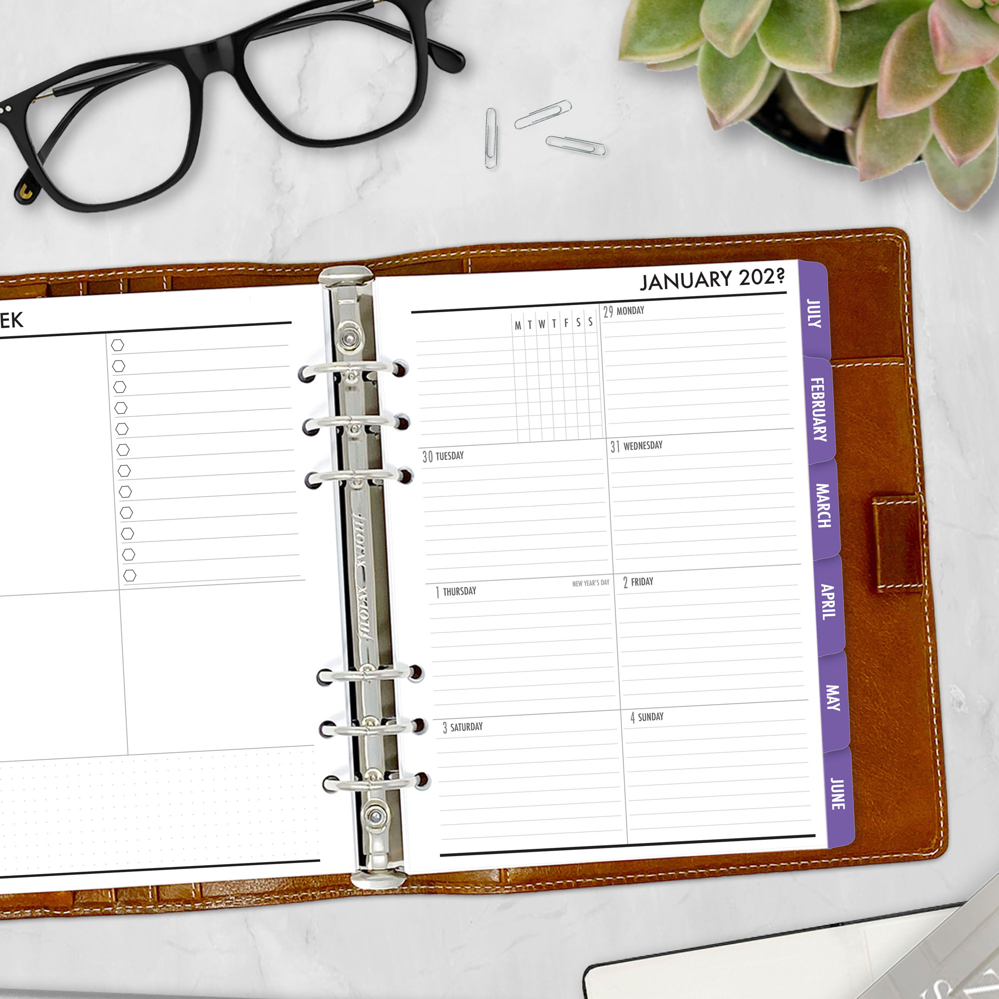 Complete Calendar with monthly and weekly tabbed planner insert in Amethyst Twilight design in A5 size in brown ring binder
