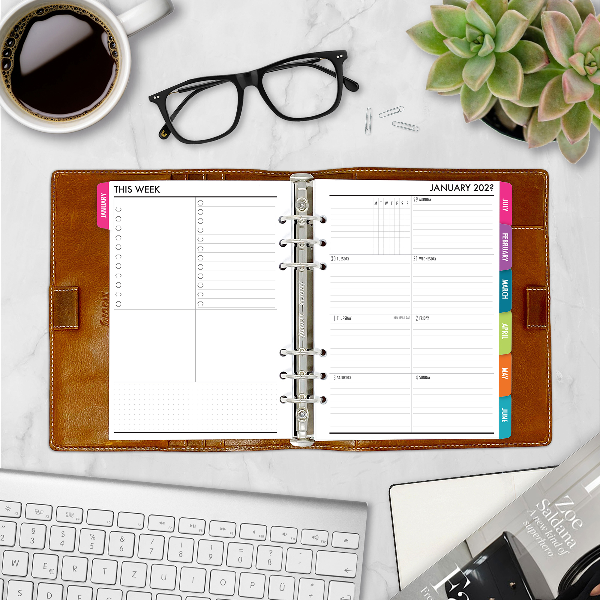 Complete Calendar with monthly and weekly tabbed planner insert in Bahama Beach design in A5 size in brown ring binder