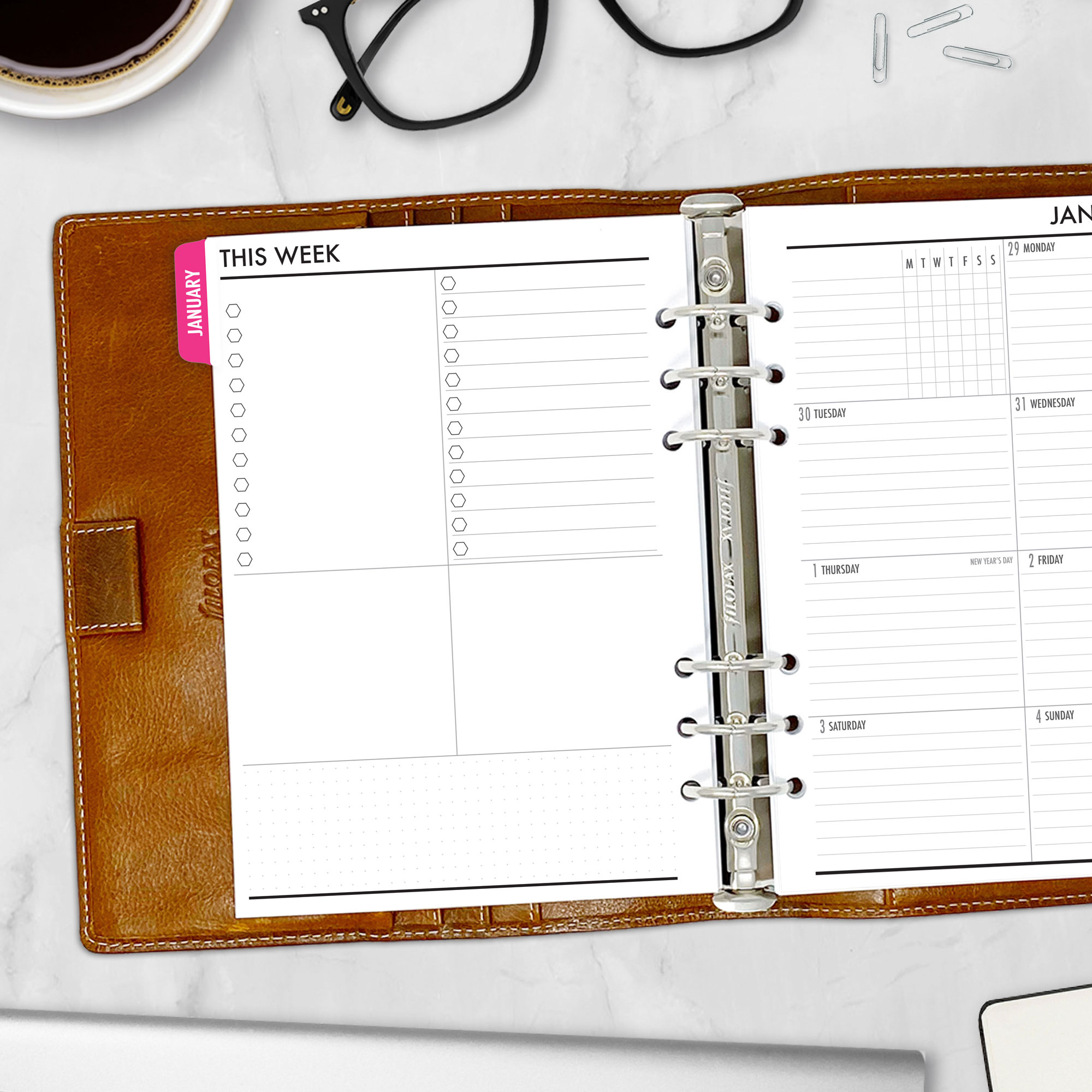 Complete Calendar with monthly and weekly tabbed planner insert in Bahama Beach design in A5 size in brown ring binder