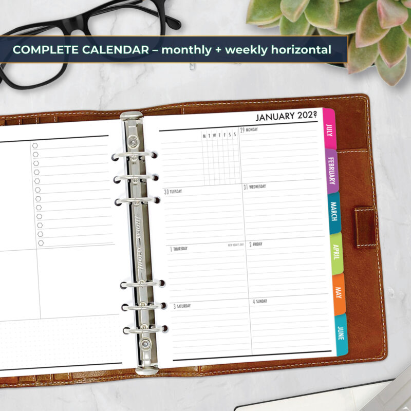 Complete Calendar with monthly and weekly tabbed planner insert in Bahama Beach design in A5 size in brown ring binder