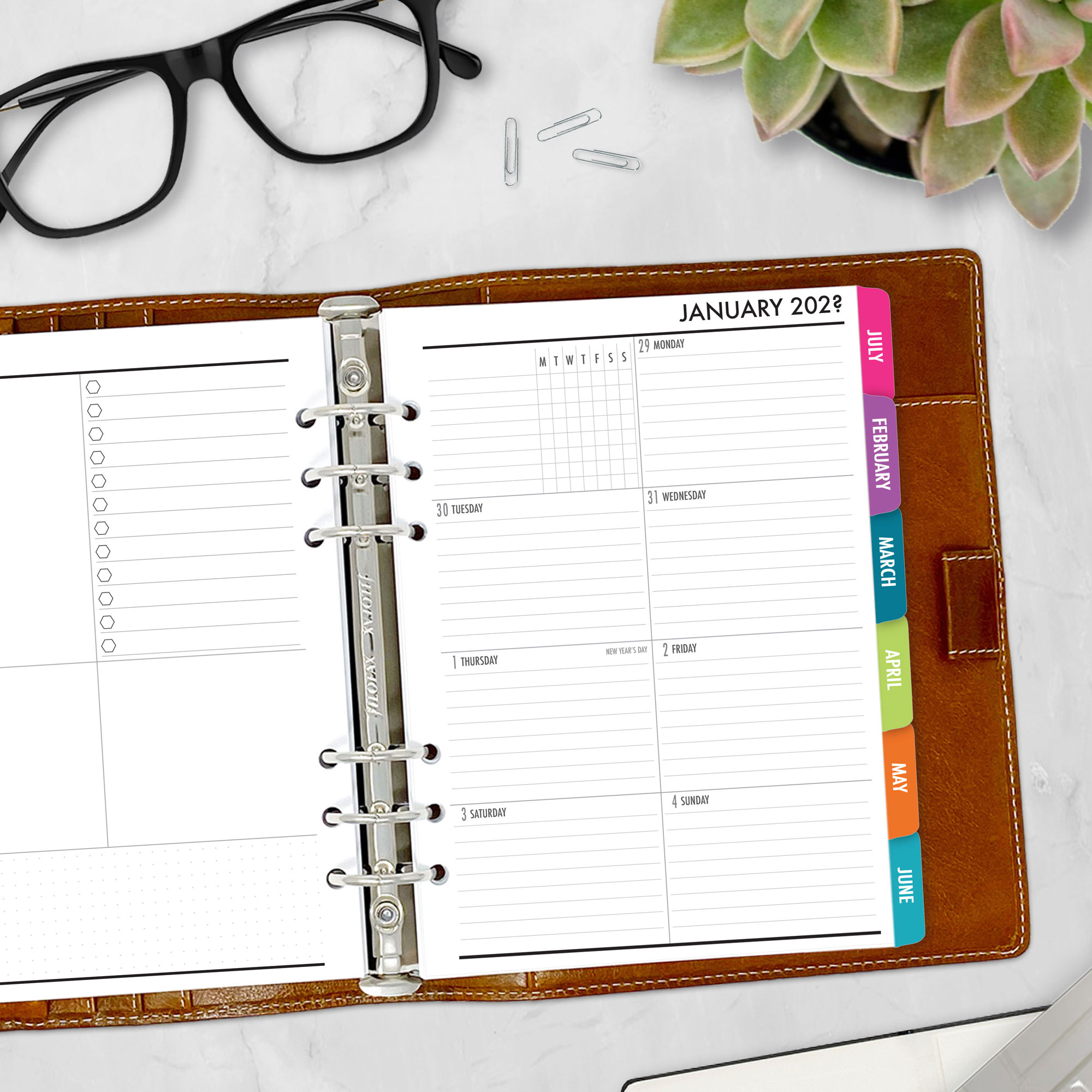Complete Calendar with monthly and weekly tabbed planner insert in Bahama Beach design in A5 size in brown ring binder