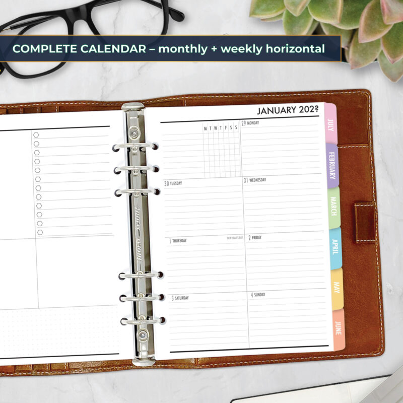 Complete Calendar with monthly and weekly tabbed planner insert in Candy Rush design in A5 size in brown ring binder