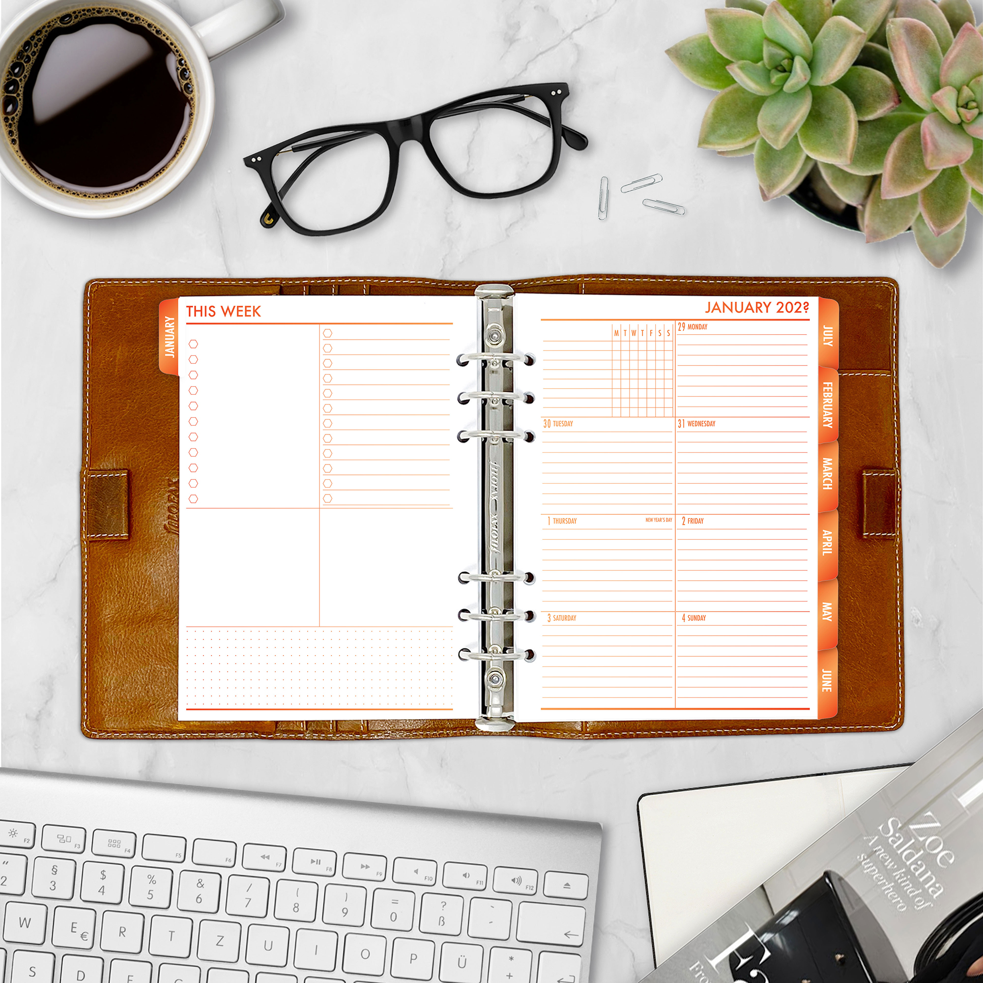 Complete Calendar with monthly and weekly tabbed planner insert in Ember Kiss design in A5 size in brown ring binder