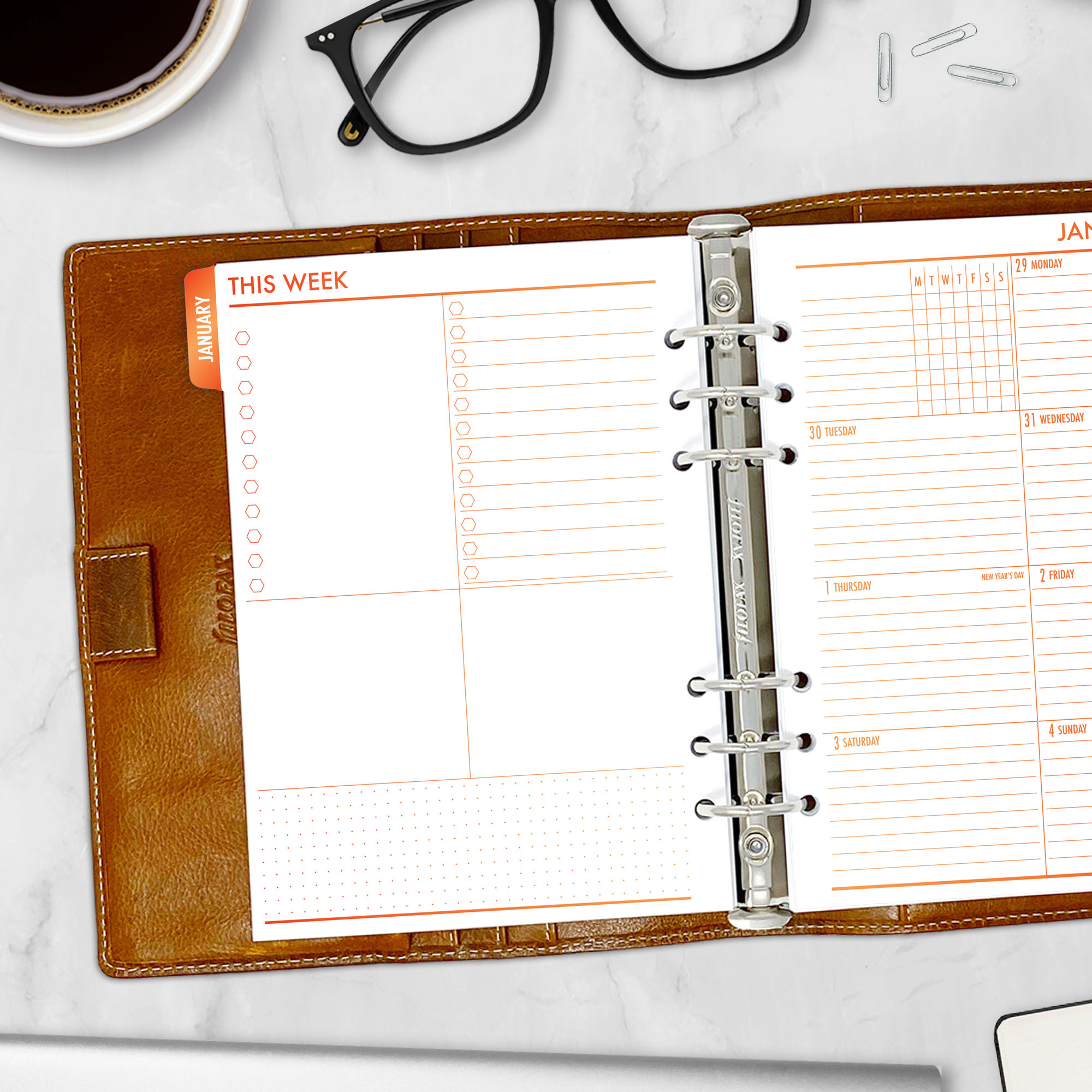 Complete Calendar with monthly and weekly tabbed planner insert in Ember Kiss design in A5 size in brown ring binder