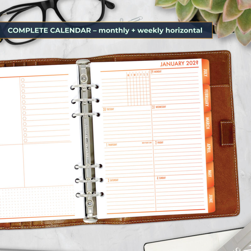 Complete Calendar with monthly and weekly tabbed planner insert in Ember Kiss design in A5 size in brown ring binder