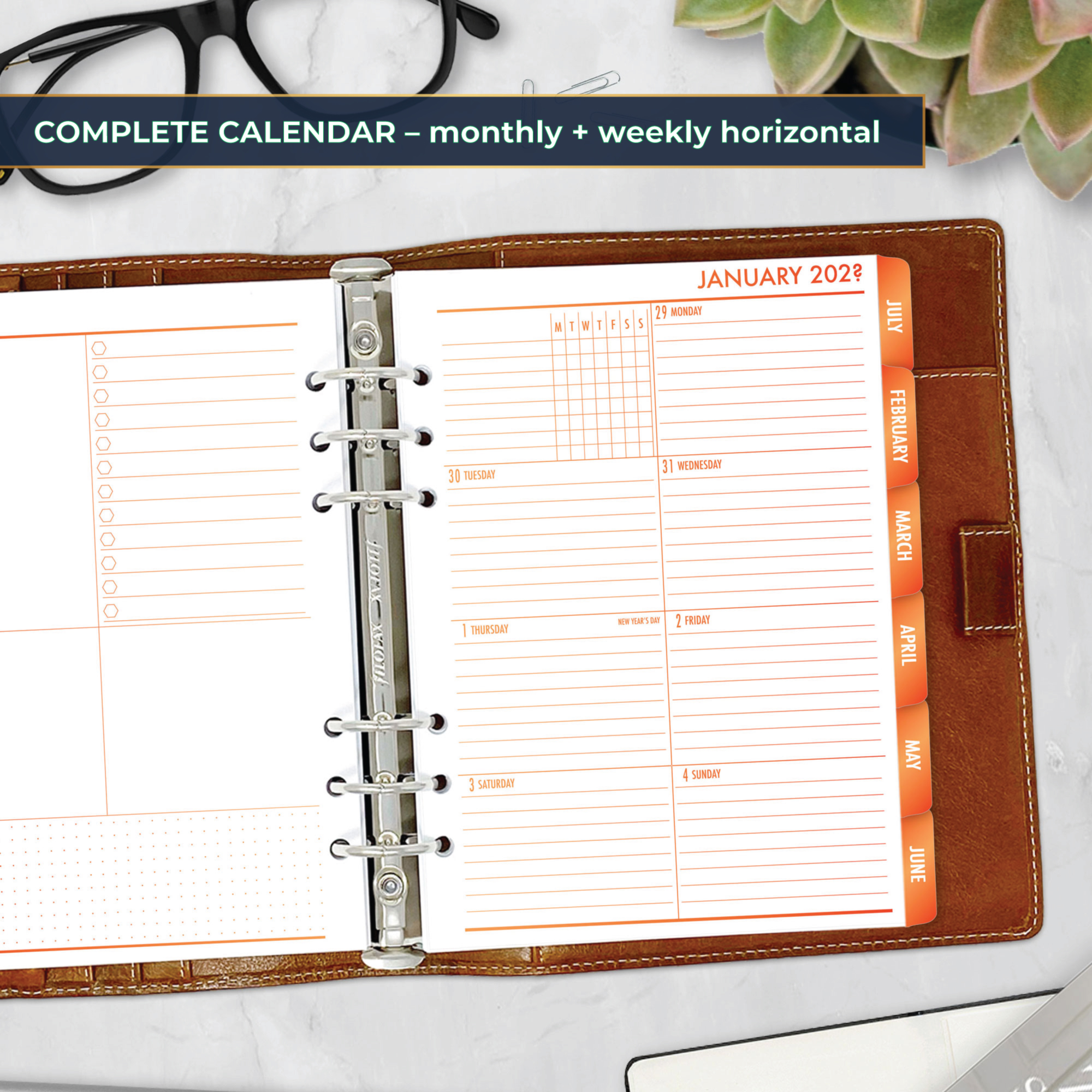 Complete Calendar with monthly and weekly tabbed planner insert in Ember Kiss design in A5 size in brown ring binder