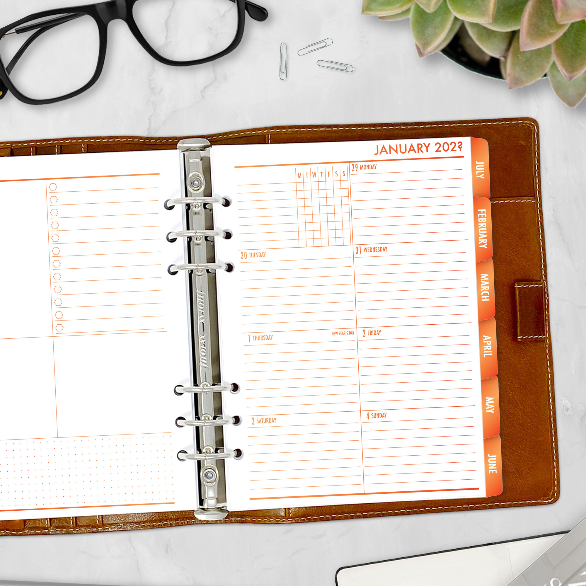 Complete Calendar with monthly and weekly tabbed planner insert in Ember Kiss design in A5 size in brown ring binder
