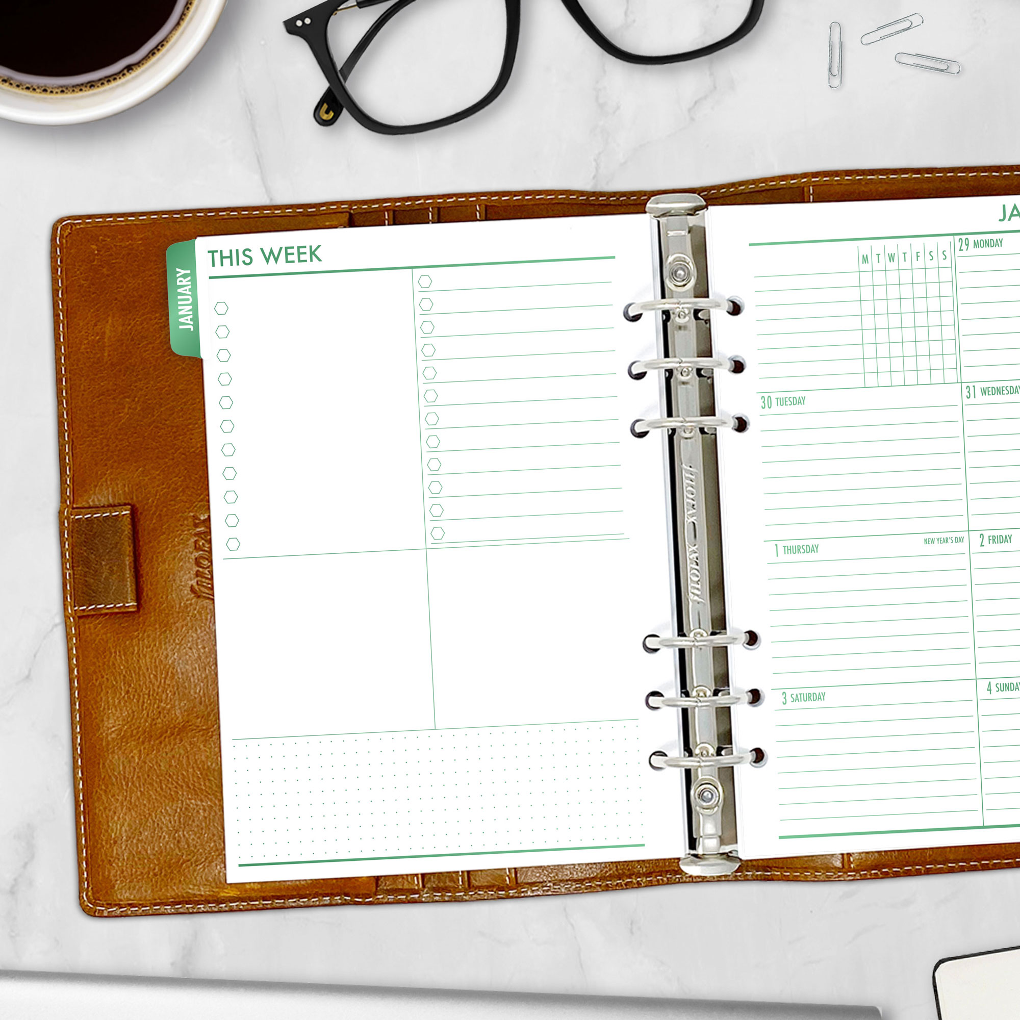 Complete Calendar with monthly and weekly tabbed planner insert in Fae Grove design in A5 size in brown ring binder