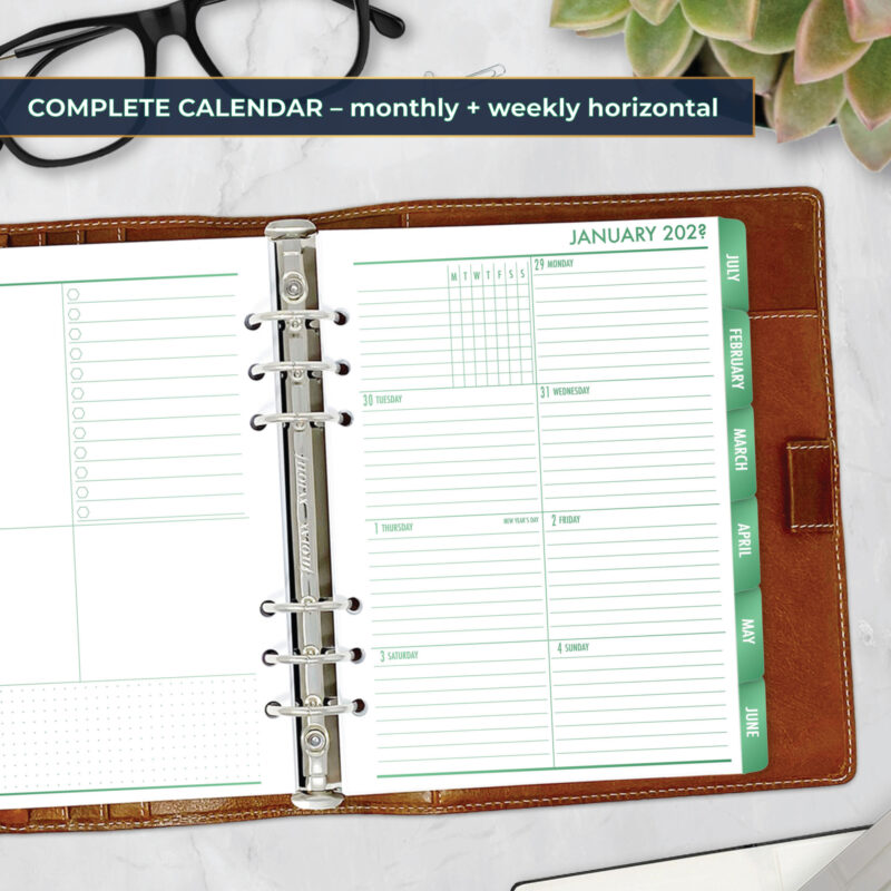 Complete Calendar with monthly and weekly tabbed planner insert in Fae Grove design in A5 size in brown ring binder