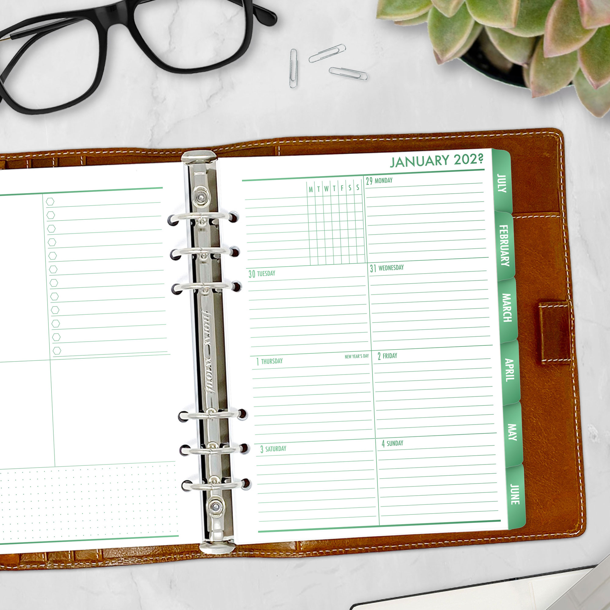 Complete Calendar with monthly and weekly tabbed planner insert in Fae Grove design in A5 size in brown ring binder