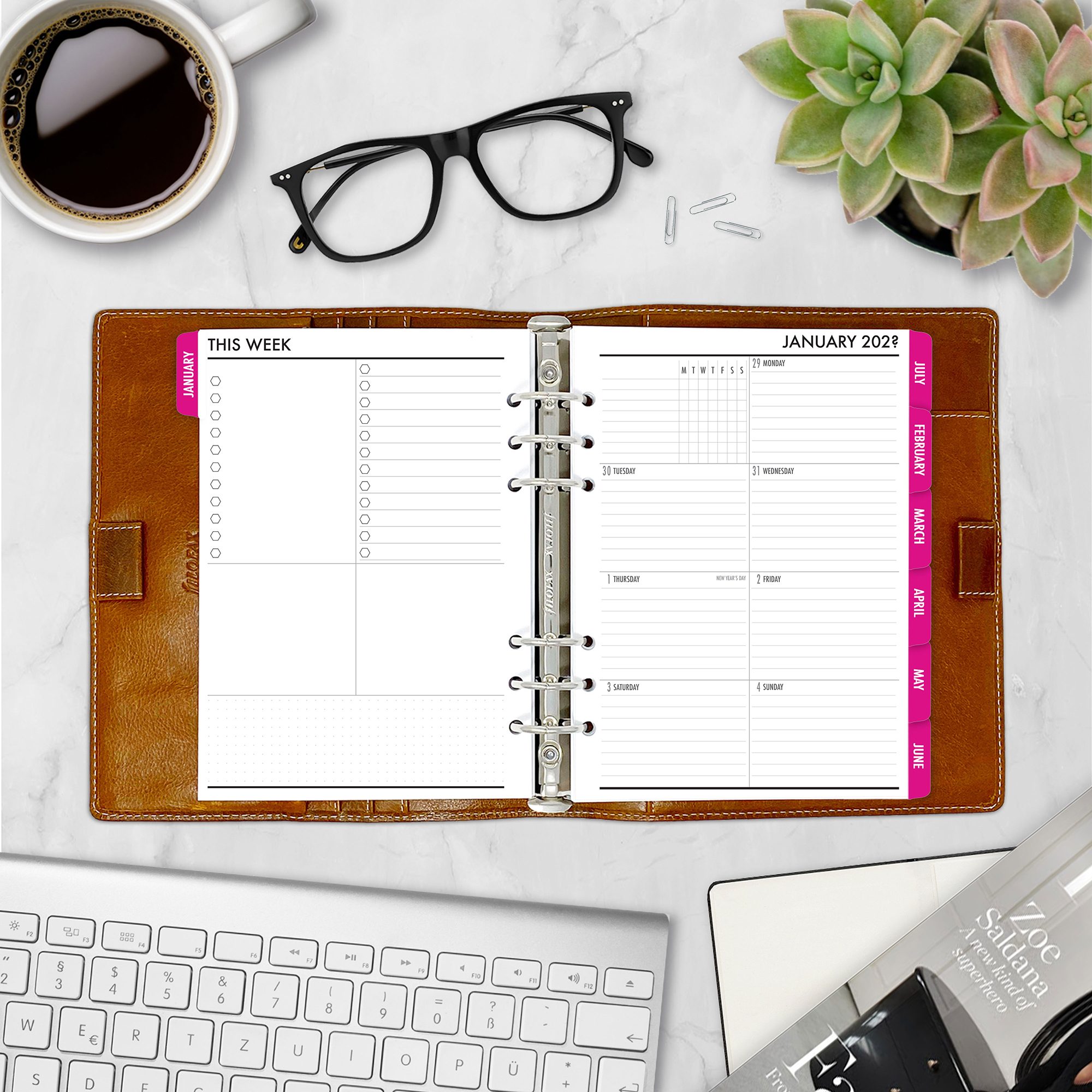 Complete Calendar with monthly and weekly tabbed planner insert in Fuchsia Flare design in A5 size in brown ring binder