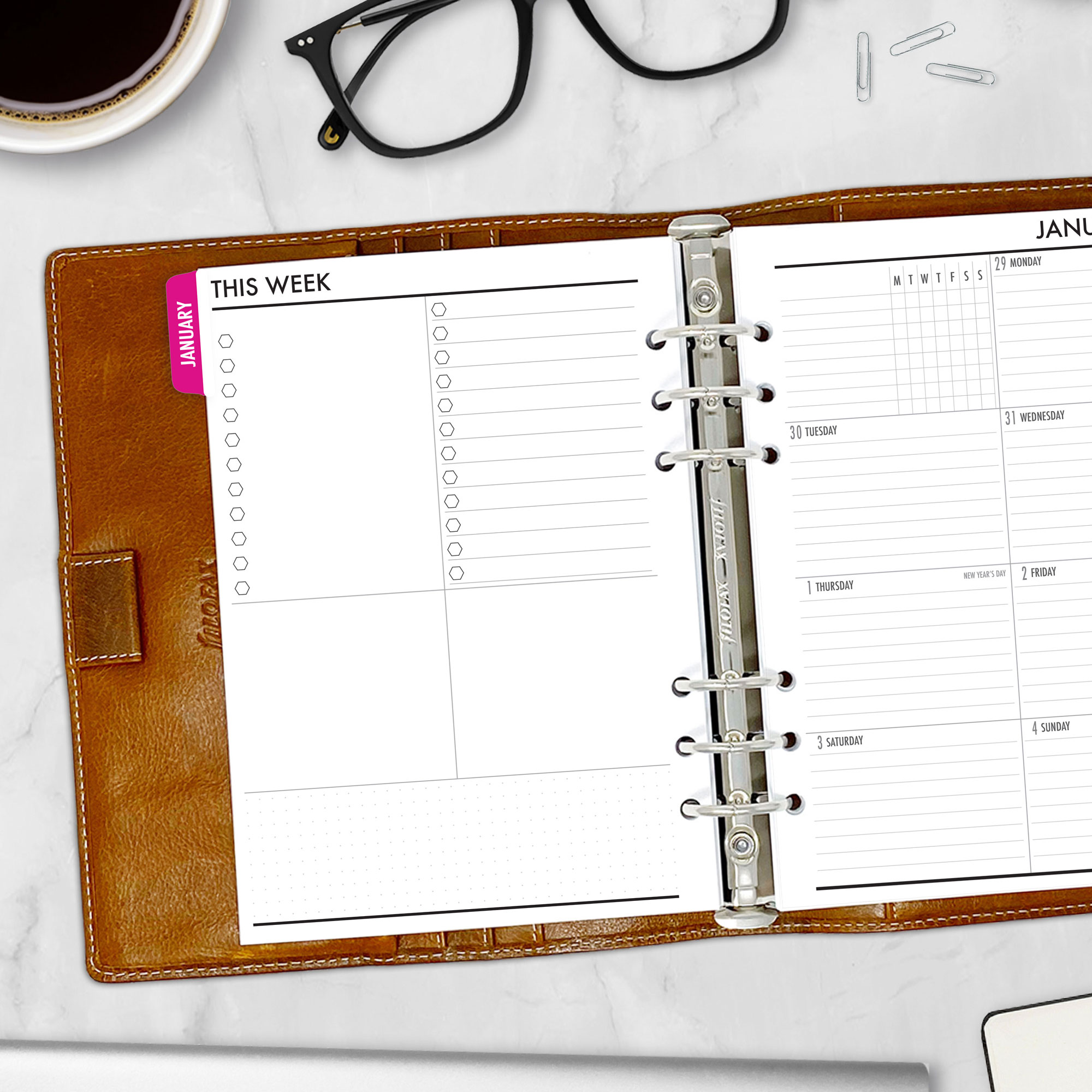 Complete Calendar with monthly and weekly tabbed planner insert in Fuchsia Flare design in A5 size in brown ring binder