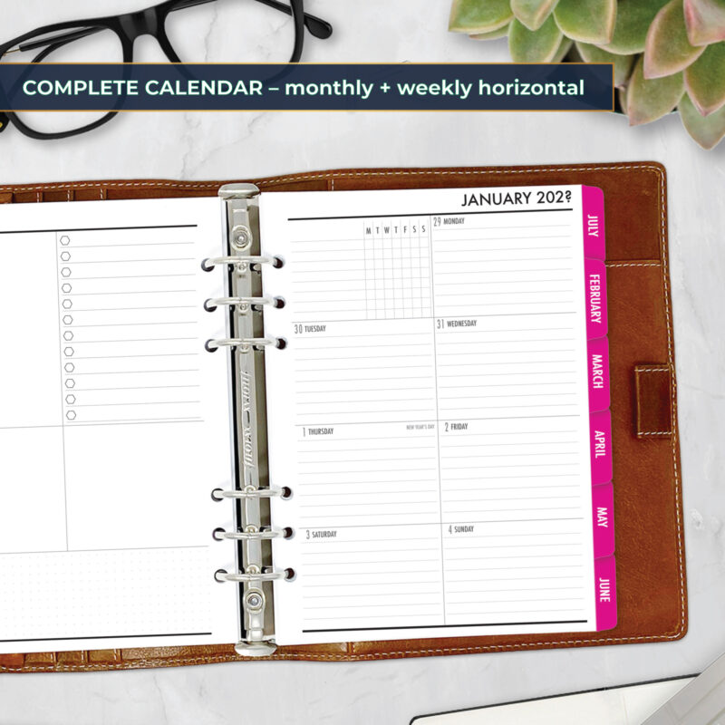 Complete Calendar with monthly and weekly tabbed planner insert in Fuchsia Flare design in A5 size in brown ring binder