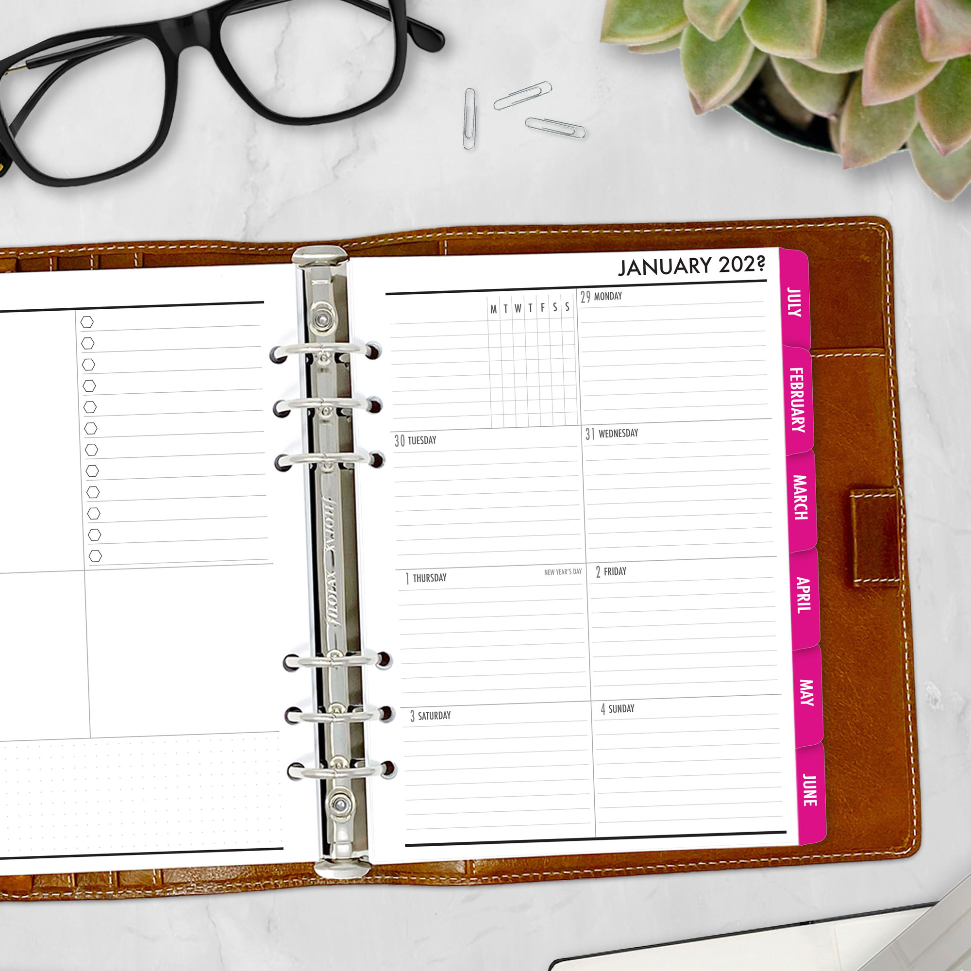 Complete Calendar with monthly and weekly tabbed planner insert in Fuchsia Flare design in A5 size in brown ring binder