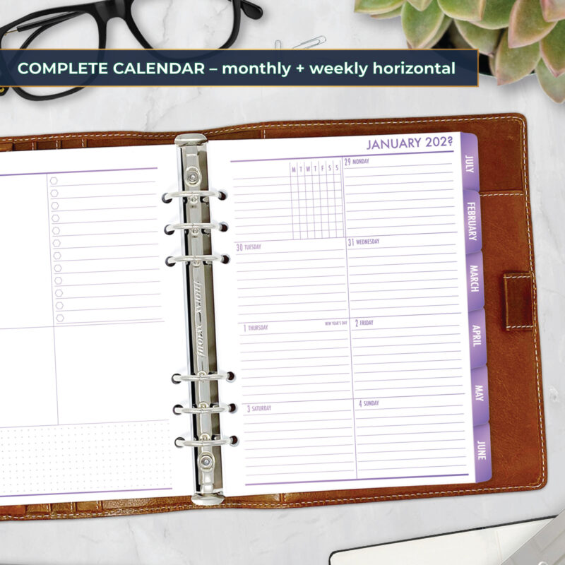 Complete Calendar with monthly and weekly tabbed planner insert in Lilac Hex design in A5 size in navy ring binder
