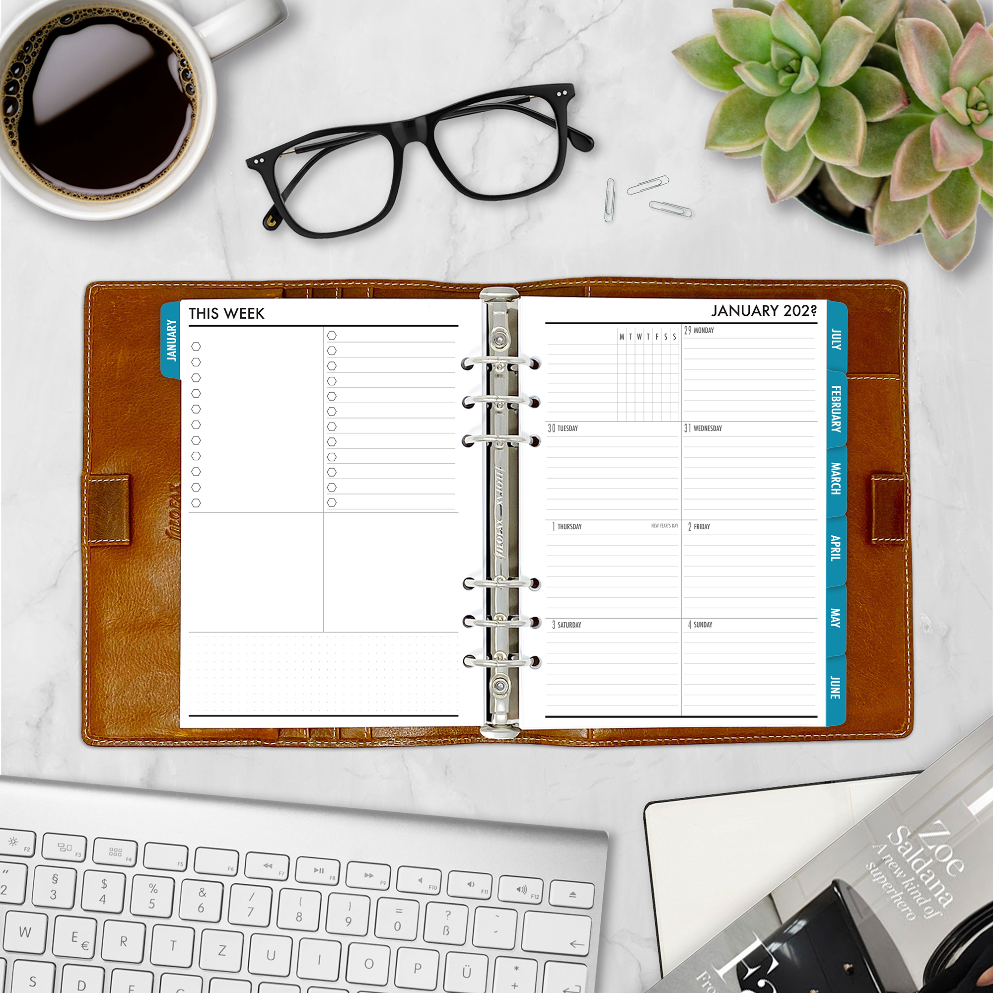 Complete Calendar with monthly and weekly tabbed planner insert in Midnight Sea design in A5 size in brown ring binder