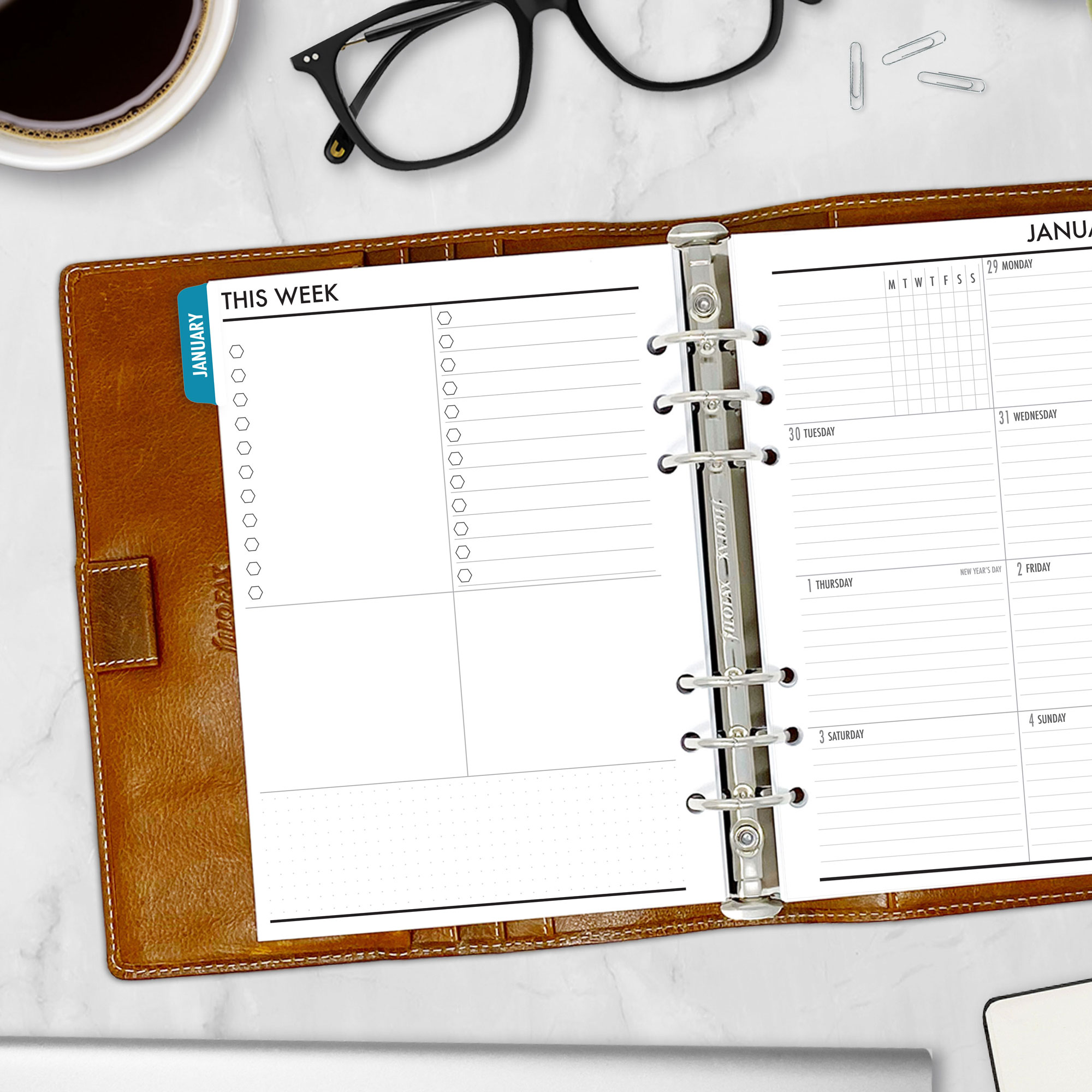 Complete Calendar with monthly and weekly tabbed planner insert in Midnight Sea design in A5 size in brown ring binder