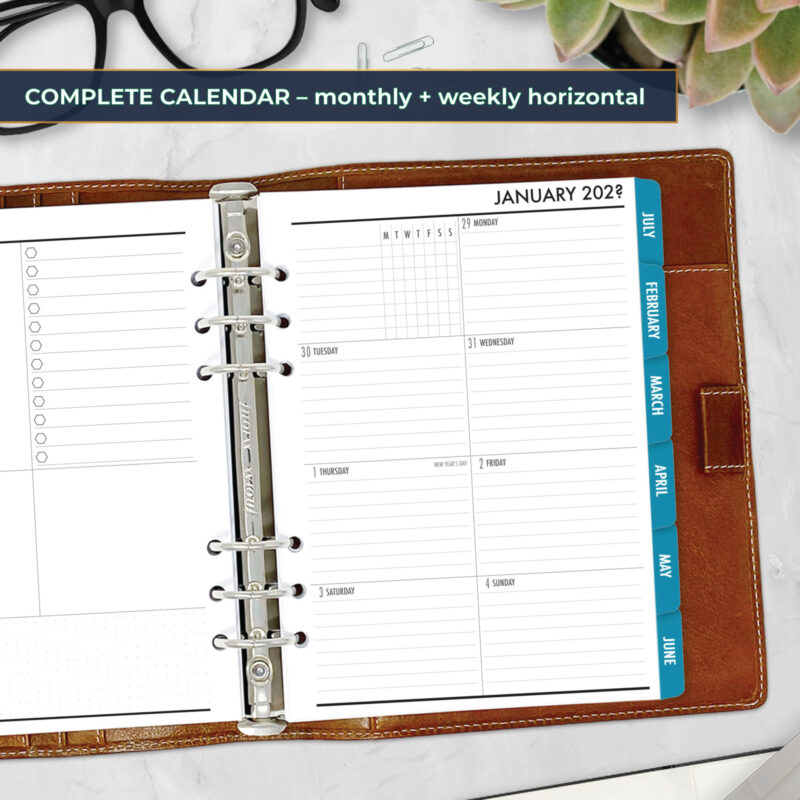 Complete Calendar with monthly and weekly tabbed planner insert in Midnight Sea design in A5 size in brown ring binder