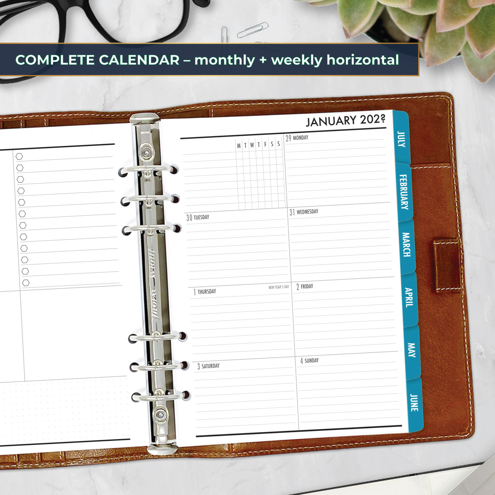 Complete Calendar with monthly and weekly tabbed planner insert in Midnight Sea design in A5 size in brown ring binder