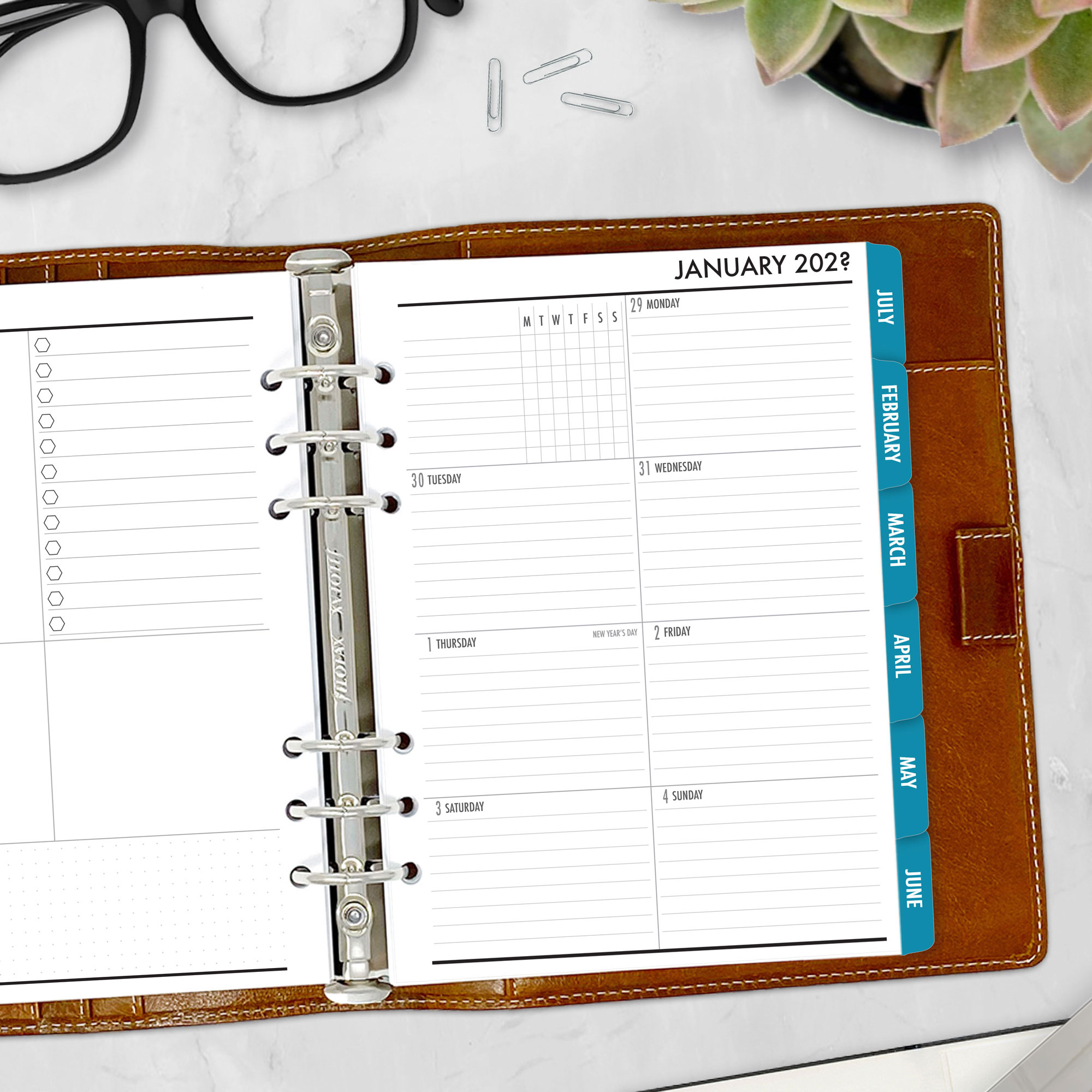 Complete Calendar with monthly and weekly tabbed planner insert in Midnight Sea design in A5 size in brown ring binder