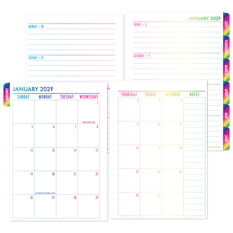 Complete Horizontal Tabbed planner insert in Rainbow colorway with vibrant full-color monthly tabs and matching calendar layout