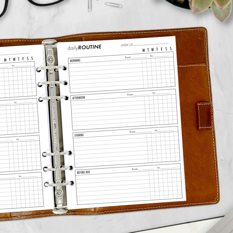 Routine planner insert shown in A5 ring-bound planner