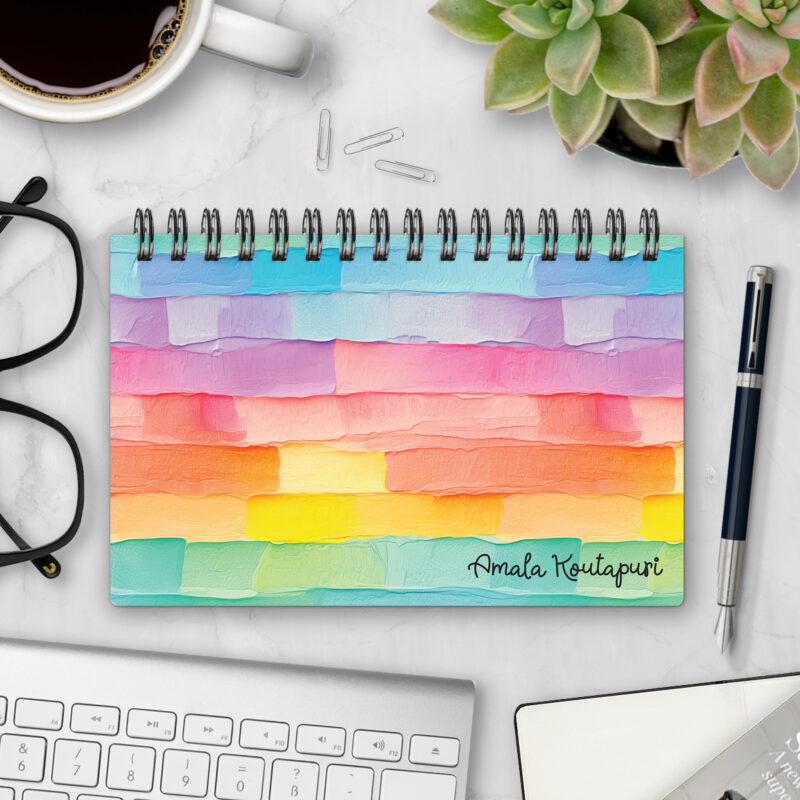 Top-bound landscape planner with a Palette Cake cover featuring thick, textured strokes of pastel paint in rainbow gradient — turquoise, lavender, pink, coral, yellow, and mint, styled on a marble desk with coffee, succulents, glasses, and a pen.